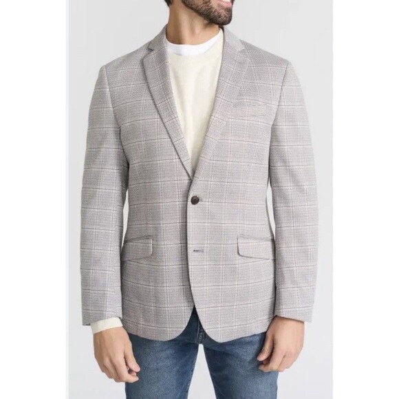 CRICKETEER  Knit Sport Coat Blazer Plaid Sz 44L NWOT Excellent Gray Long Modern - Picture 1 of 11